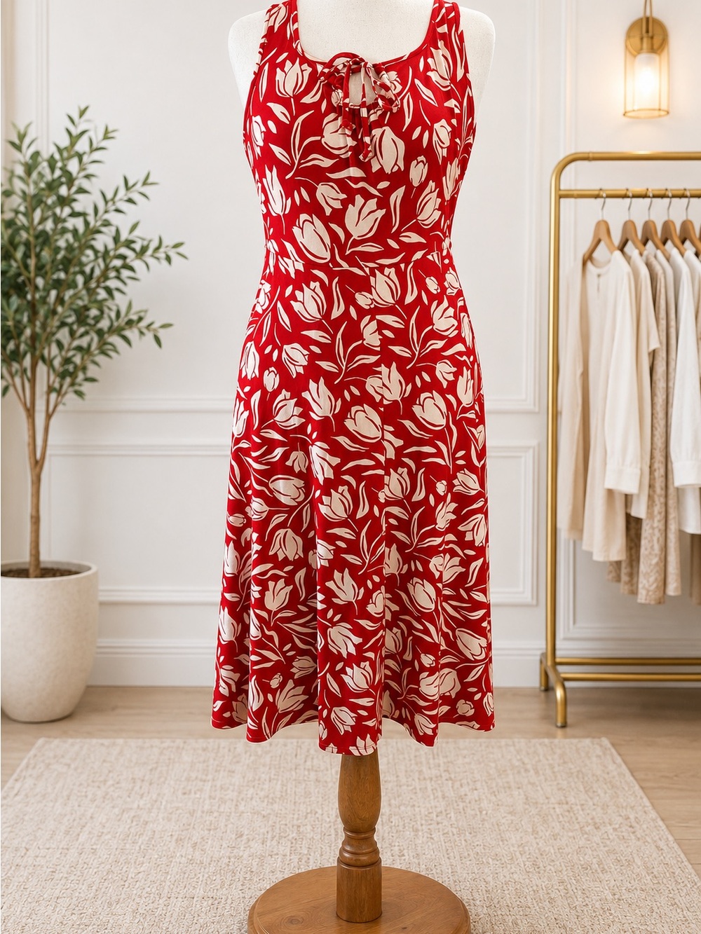 CAbi Red Floral Tie-Front A-Line Dress with Cream Print